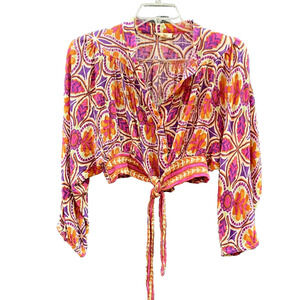 Haute Hippie Crop Top Womens Large Tie Blouse Retro Floral Bohemian Colorful